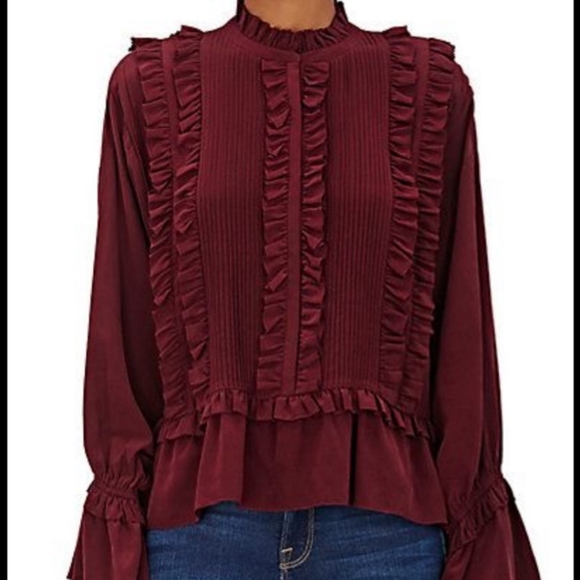Ulla Johnson Najda 100% Silk Ruffle Pleated Blouse Burgundy Size 4